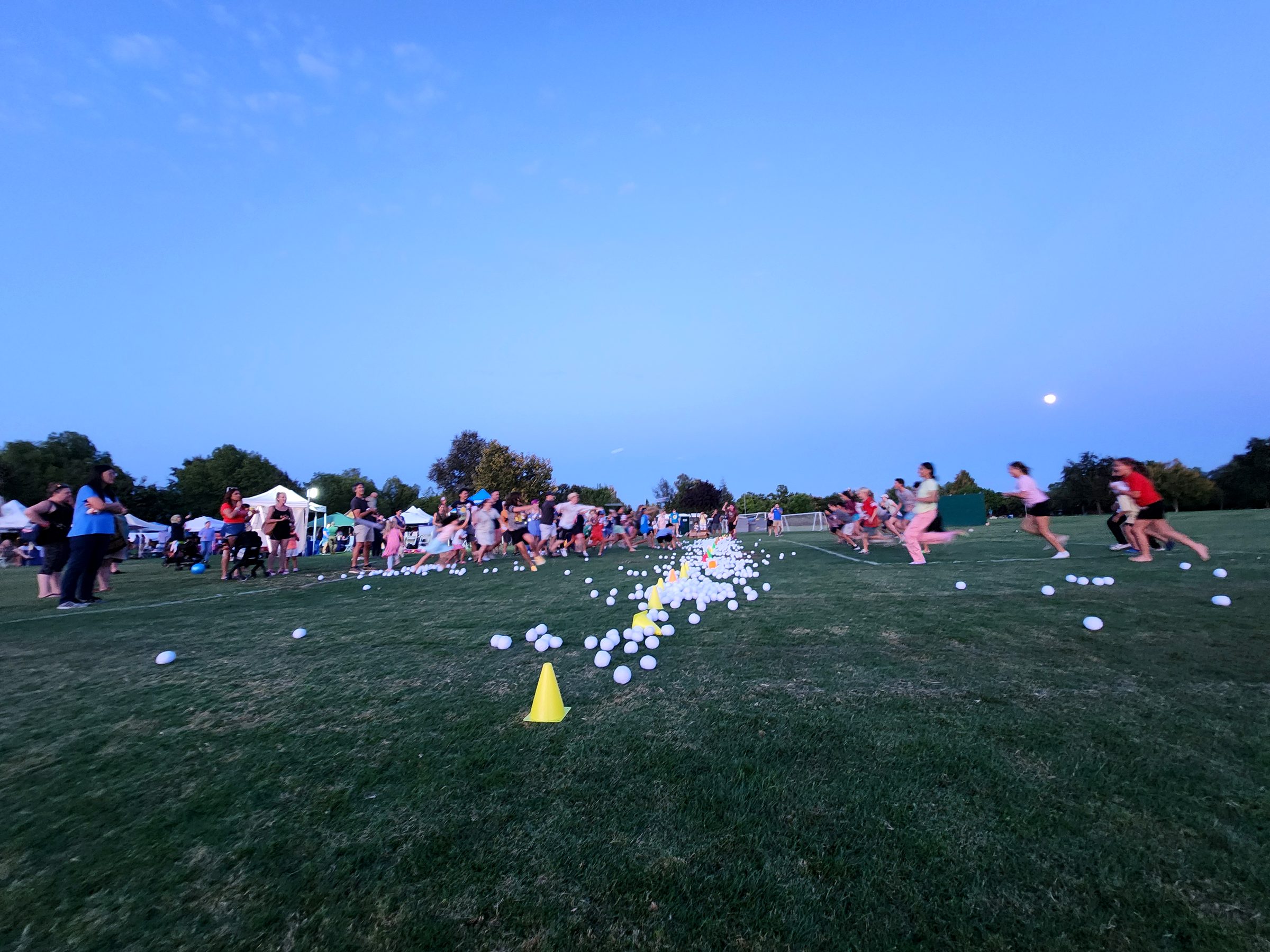 A big crowd playing together at dusk